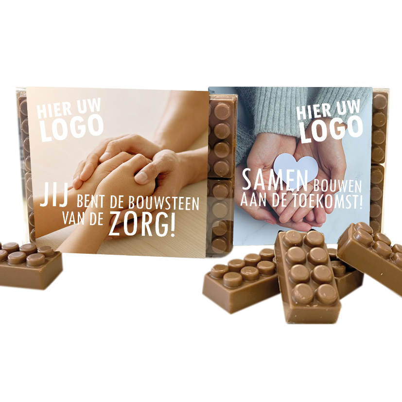 Doosje met 10 chocolade bouwblokjes inclusief banderol